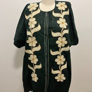 Dark Green Tie Dye Floral Embroidered Button Up Tunic Dress